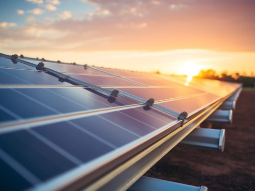 Solar panels farm eco energy at sunset views